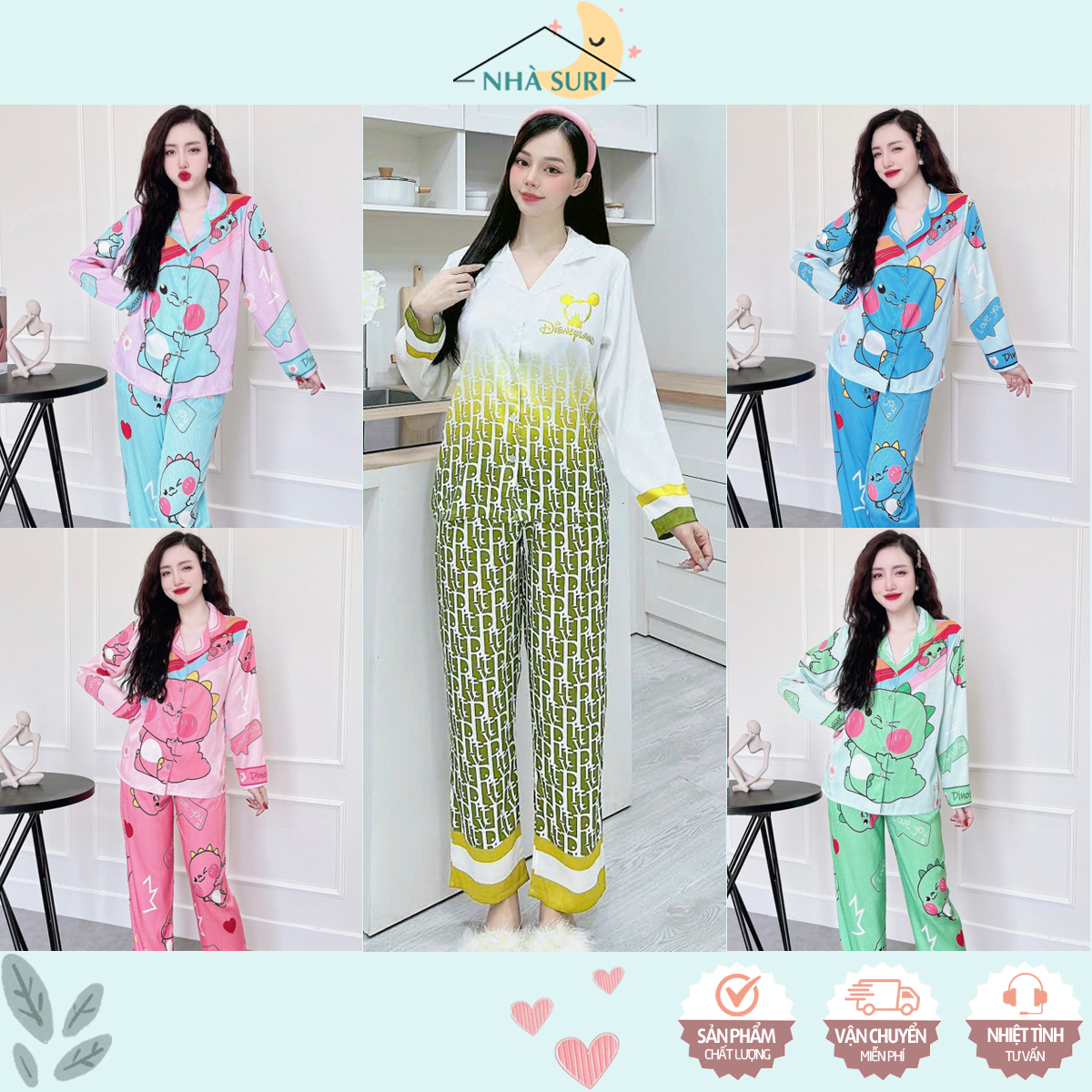 Đồ ngủ pijama mặc nhà lụa xước in hình 5D dễ thương
