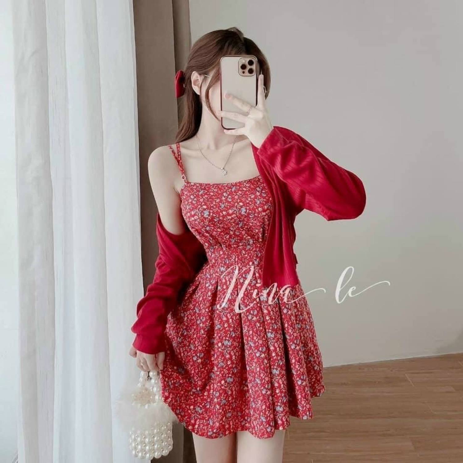 Set đầm tiểu thư, đầm hoa nhí, đầm hai dây, áo khoác thun gân nhẹ, set đầm hai dây hoa kèm áo khoác phong cách hàn quốc
