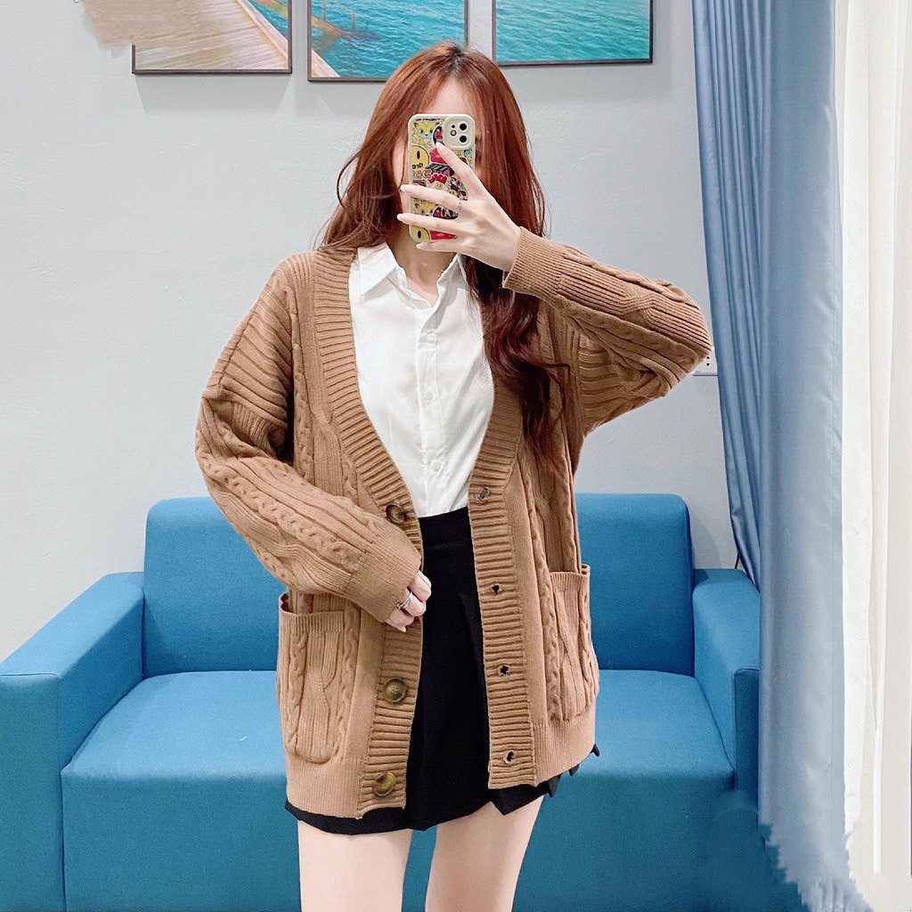 Áo Cardigan Len Dáng Dài Vặn Thừng Form Rộng