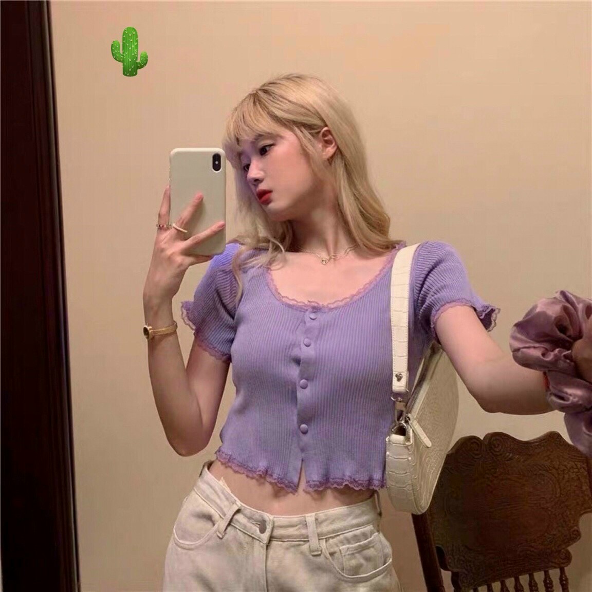 Áo Croptop Thun Gân Phối Ren Viền