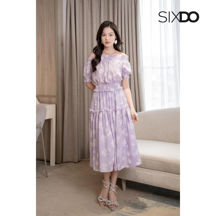 Đầm midi chiffon dáng xòe trễ vai chun eo thời trang SIXDO (Full Wine Midi Voile Floral Print Dress)