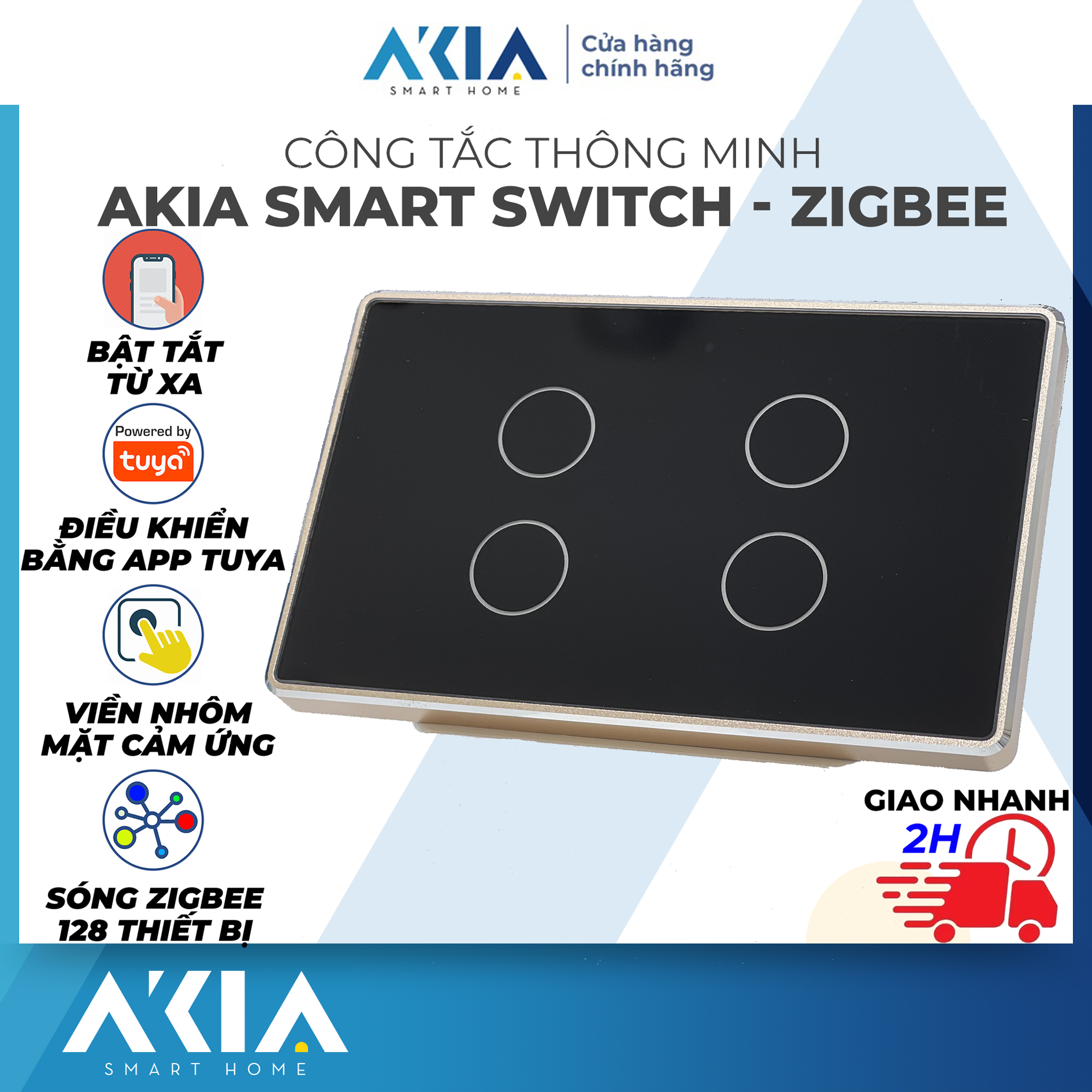 Công tắc thông minh AKIA Zigbee kính phẳng viền vàng hồng