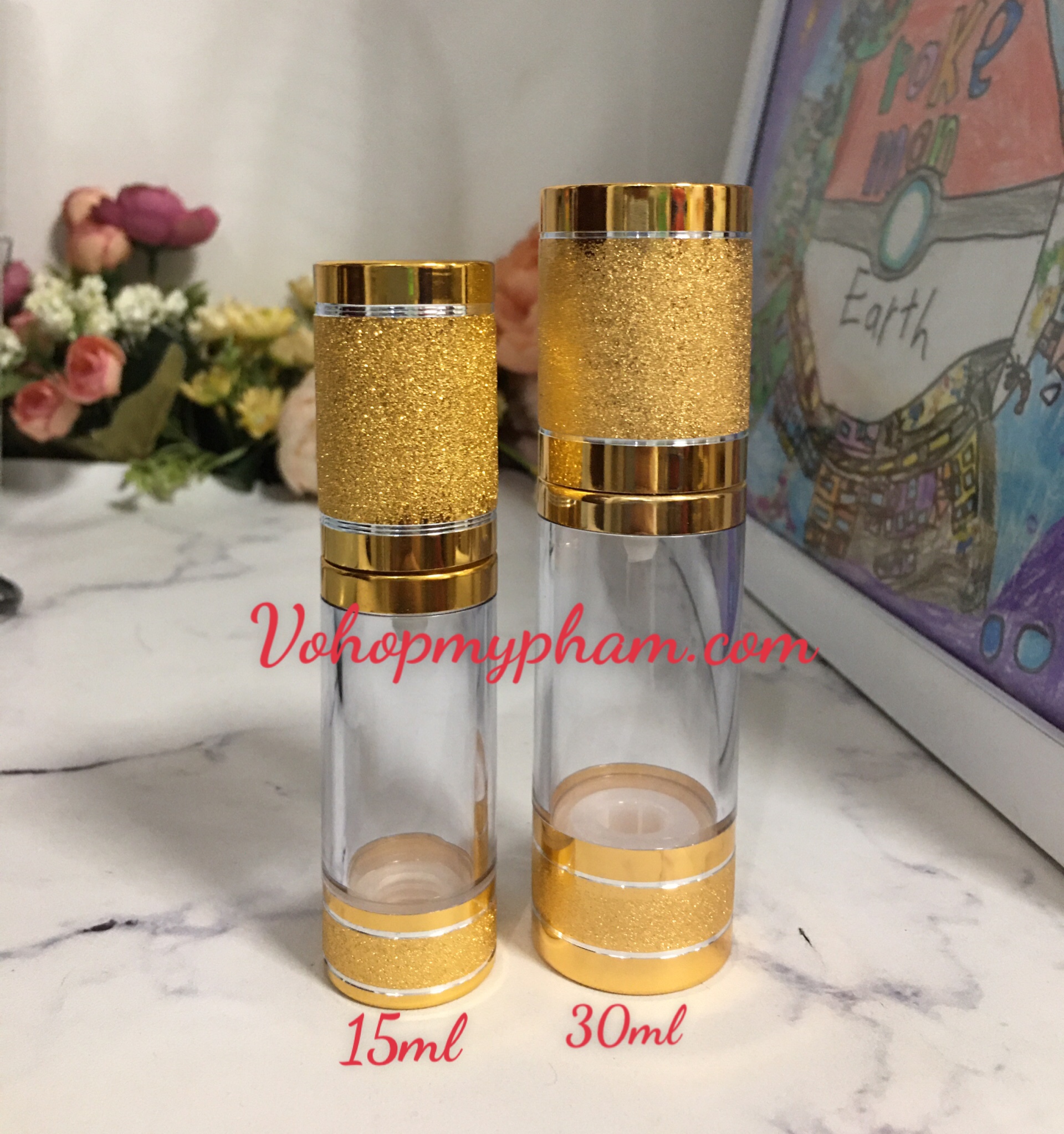 Chai chiết serum, chai chiết chân không kim tuyến 15ml 30ml