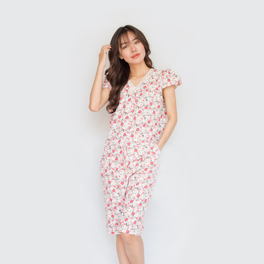 Đồ ngủ nữ lụa lửng cộc tay ren cổ hoa nhí siêu dễ thương