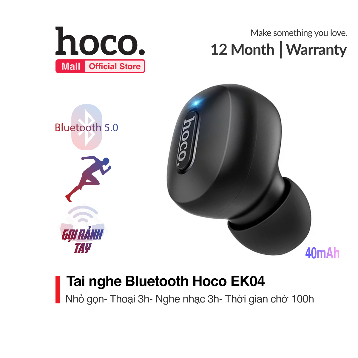 Tai Nghe Bluetooth Hoco EK04 1 Bên Bluetooth V5.0 có mic thoại dành cho nhiều dòng máy Iphone Samsung Huawei Xiaomi Oppo