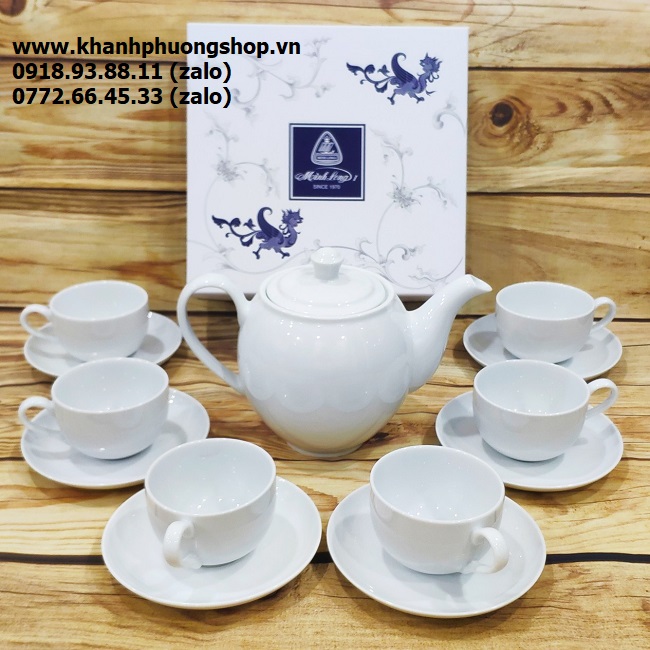 Bộ ấm trà sứ trắng Minh Long loại lớn - bộ ấm trà sứ trắng Minh Long