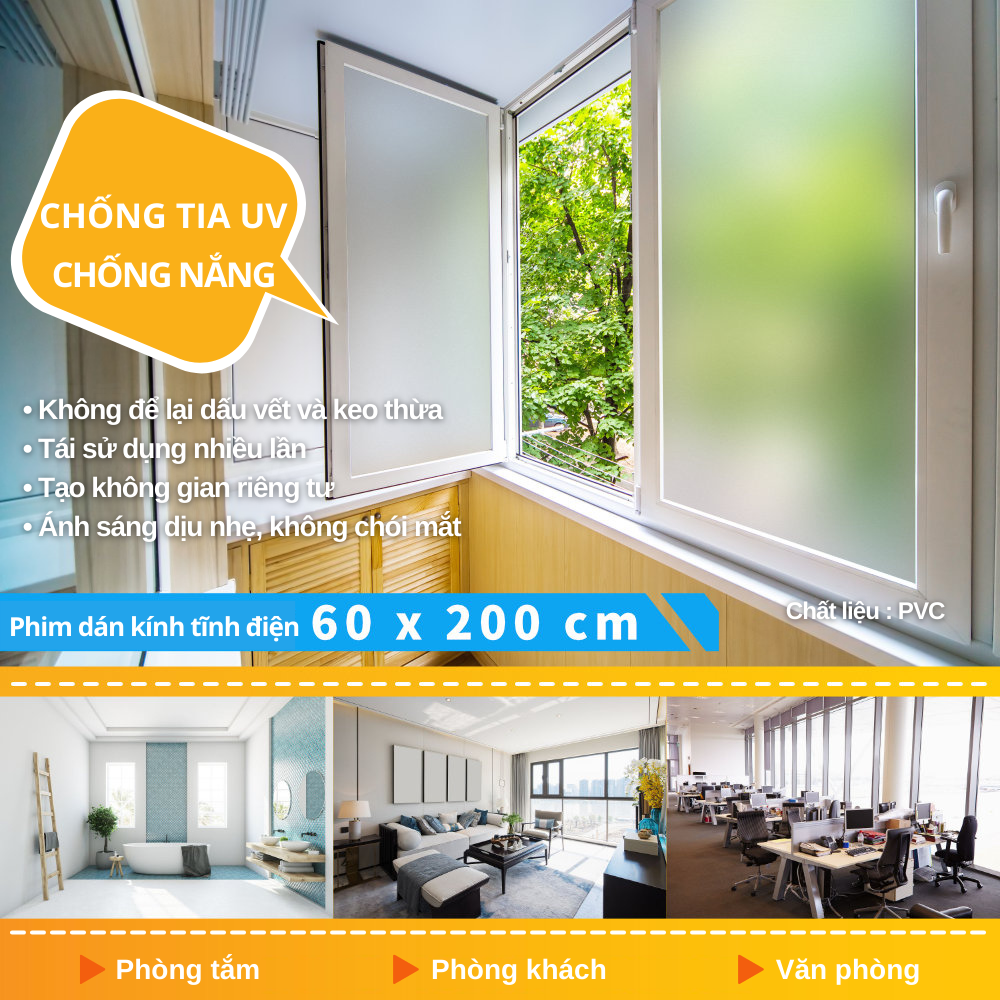 Miếng dán kính mờ chống tia UV Matte Glass tĩnh điện - mờ 1 phần - có keo sẵn - cách nhiệt chống chói chống lóa decal