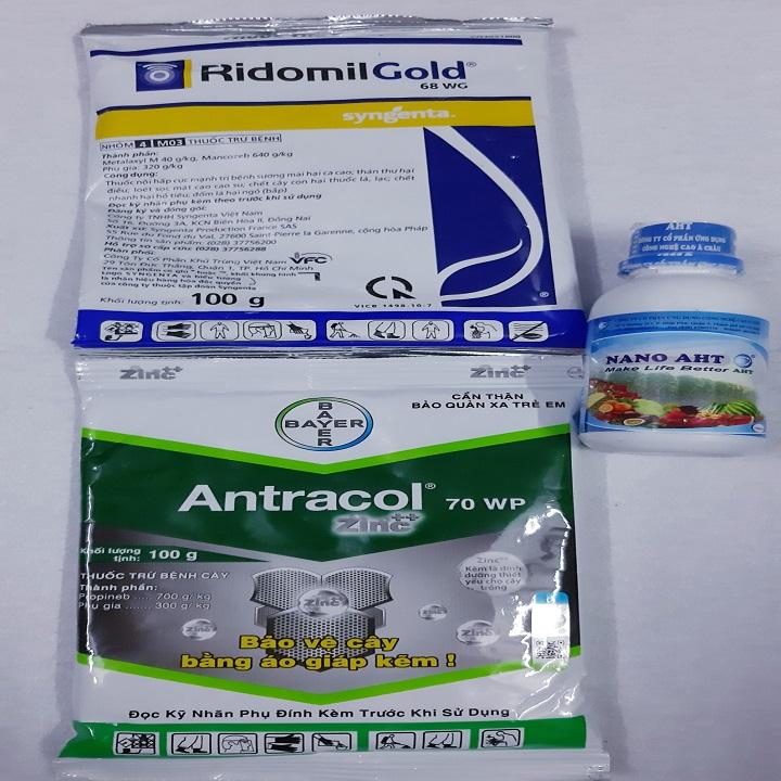 Bộ 3 phòng và trừ bệnh cho cây ( 1 gói Ridomil gold+ 1 gói Antracol+ 1 chai Nano bạc AHT 100ml)