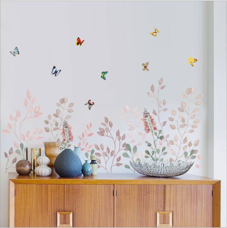 Decal dán tường trang trí - bướm ngũ sẵc cùng hoa cỏ mùa xuân-k54