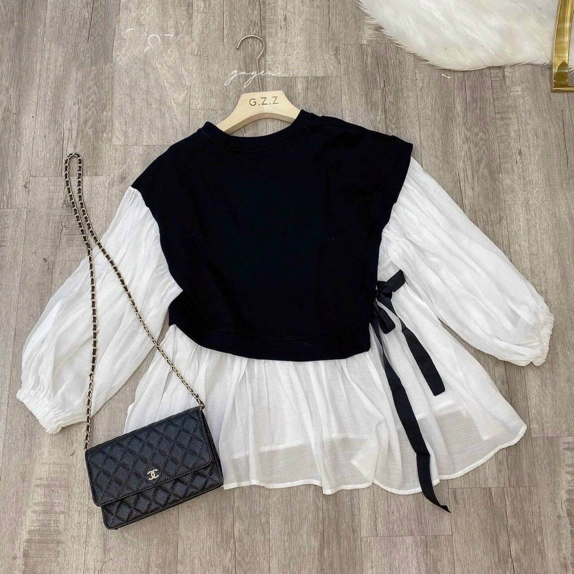 Áo peplum tay phồng phối ghile thắt eo
