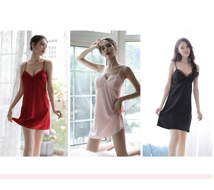 [HCM]Váy ngủ 2 dây phối ren dễ thương - Váy ngủ phi lụa cao cấp BN004 - ChipMall