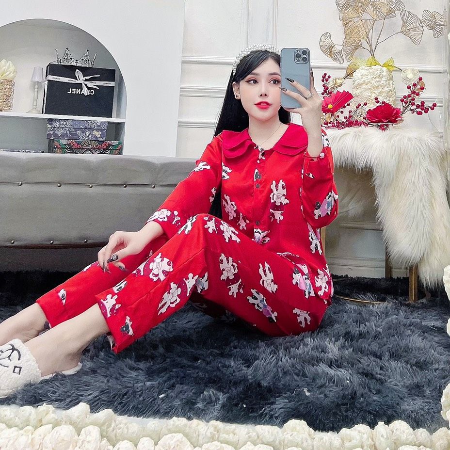 Đồ ngủ nữ đẹp,Pijama Lụa Satin Tay Dài quần dài Freesize dưới 56kg