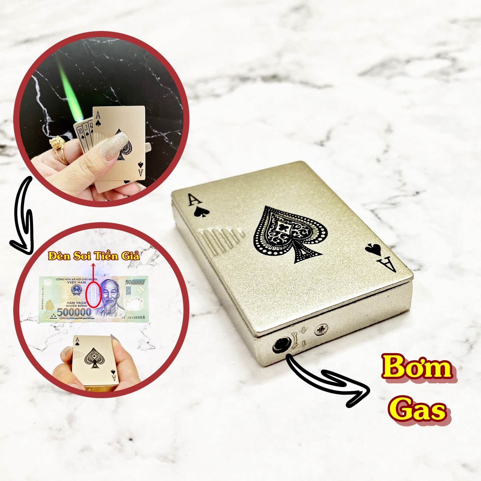 BẬT LỬA KHÈ HÌNH LÁ BÀI - CÓ ĐÈN SOI TIỀN GIẢ - (XÀI GAS )