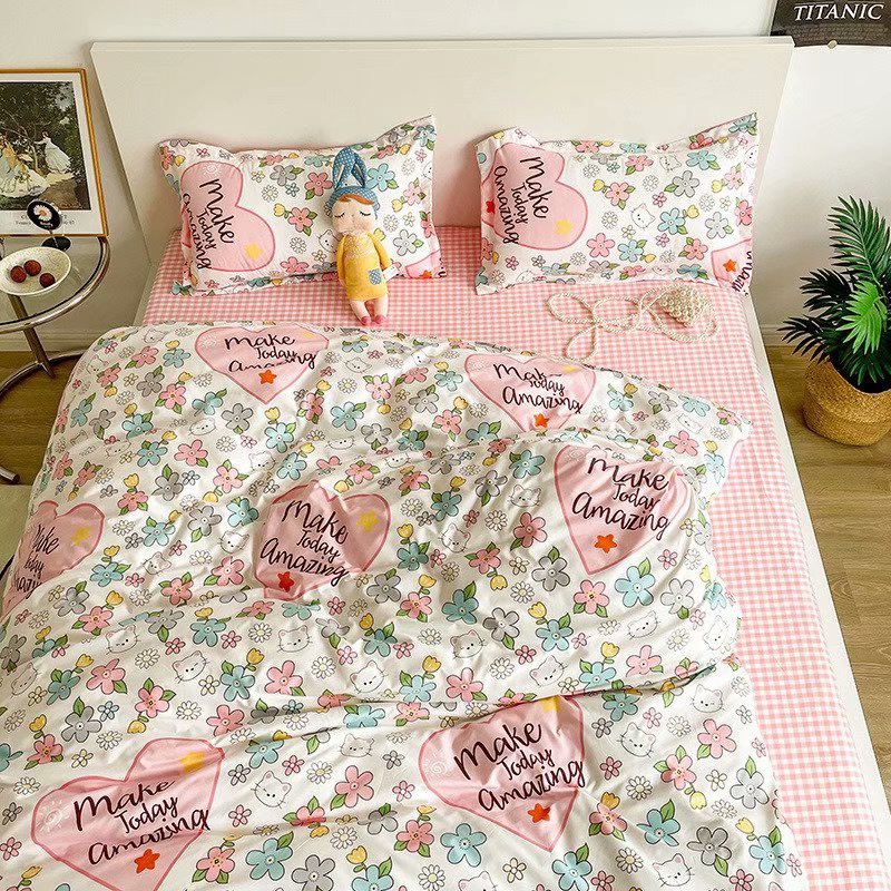 Trọn Bộ 4 Món Cotton Poly Nhập Mẫu HOA NHÍ HỒNG dễ thương,đáng yêu
