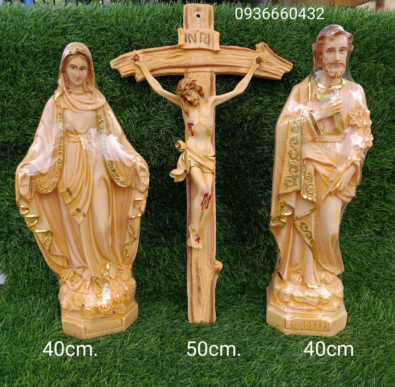 Bộ 3 tượng đức mẹ, thánh giuse 40cm & thánh giá chúa chịu nạn 45cm tượng công giáo composite