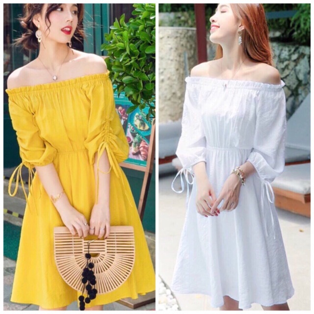 Đầm trễ vai tay rút dây 2 màu