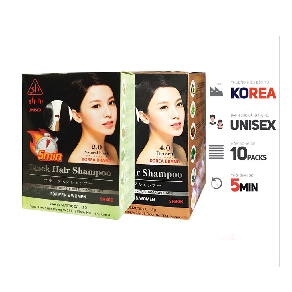 Hộp 10 gói dầu gội thảo dược phủ bạc tóc nhuộm tóc đen nâu shihi hàn quốc