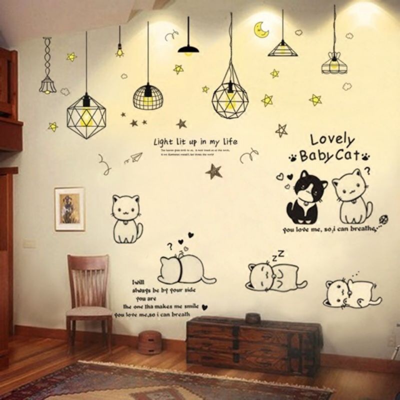 Decal dán tường đèn vàng và mèo( tranh ghép)
