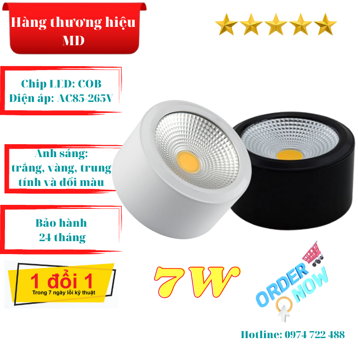 Đèn led ống bơ COB 7W vỏ đen/trắng sáng trắng, vàng, trung tính, và đổi màu, chiếu điểm tập trung, tiết kiệm điện năng, bảo hành 24 tháng