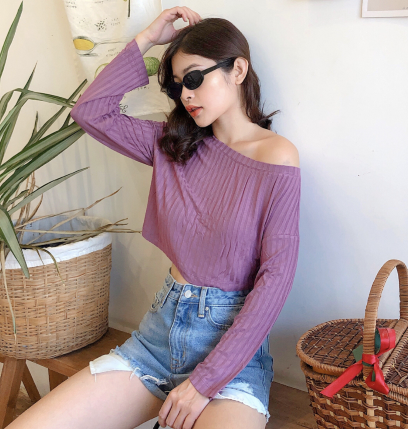 Áo thun MIEU lệch vai - GM26 (Tím/Xanh cốm)