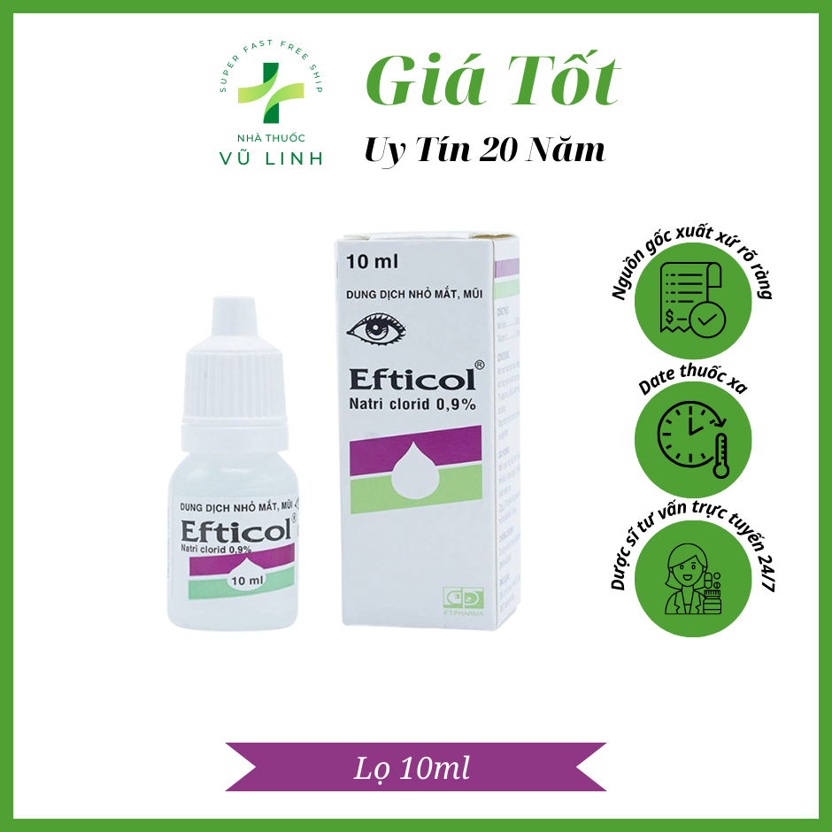 Nước Muối Sinh Lý Efticol 0,9% (chai 10ml) dùng để nhỏ mắt hoặc rửa mắt