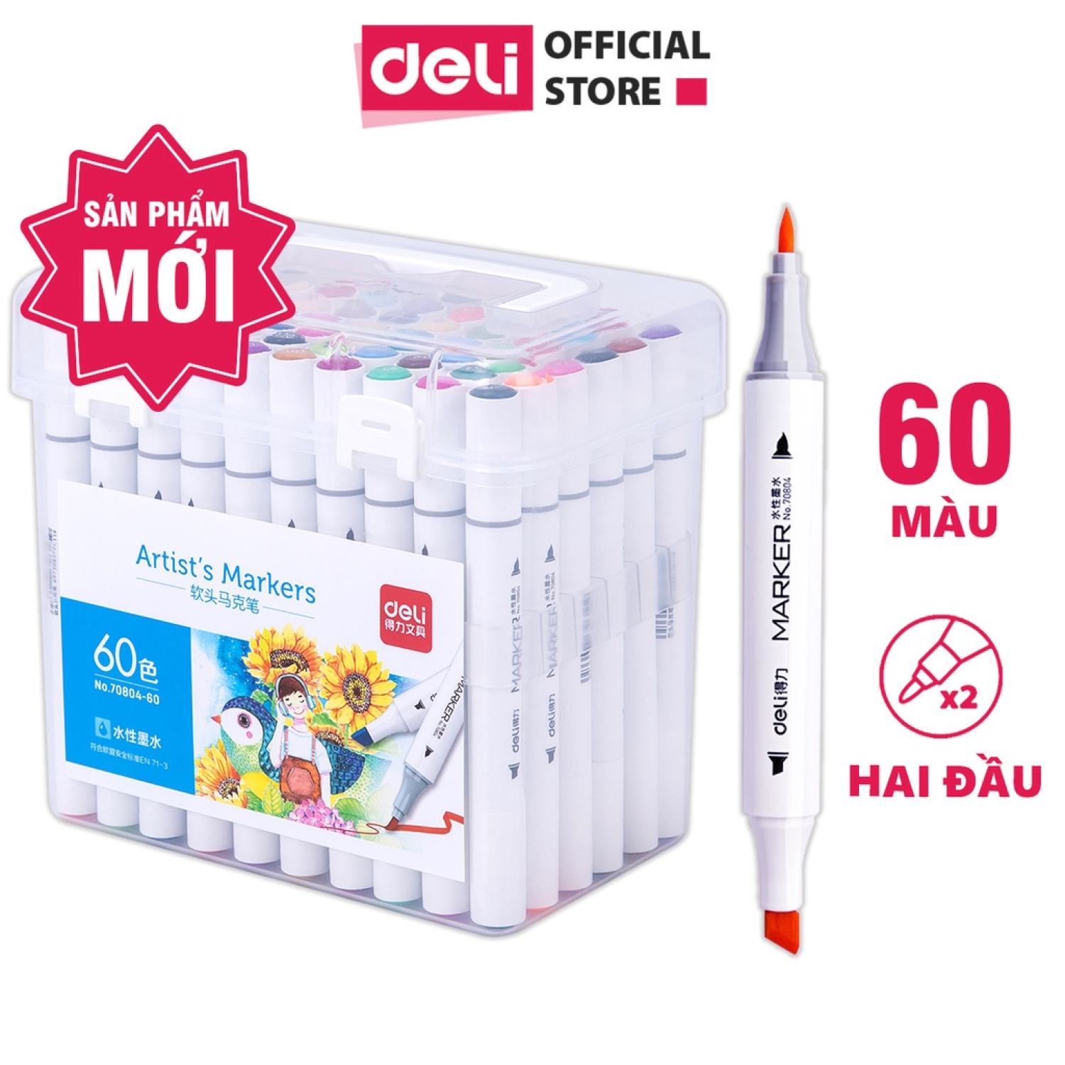 Bút màu marker thân tròn hai đầu Deli - marker hộp nhựa - 70804