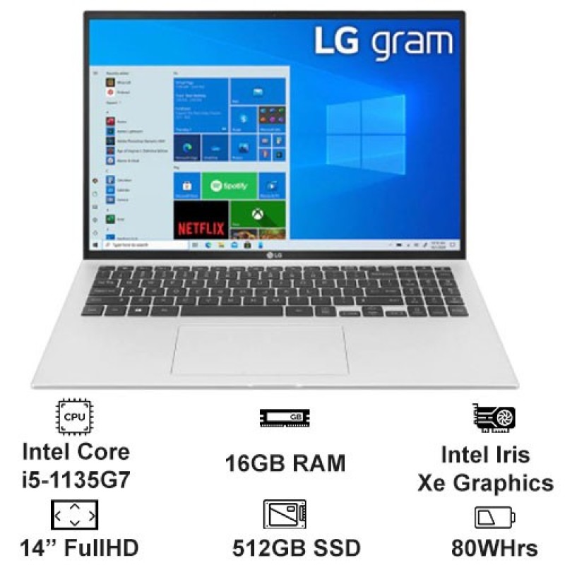 Laptop LG gram 14, Intel® Core™ i5 Gen11, 16GB, 512GB, 16:10, 14ZD90P-G.AX56A5 (có quà tặng)