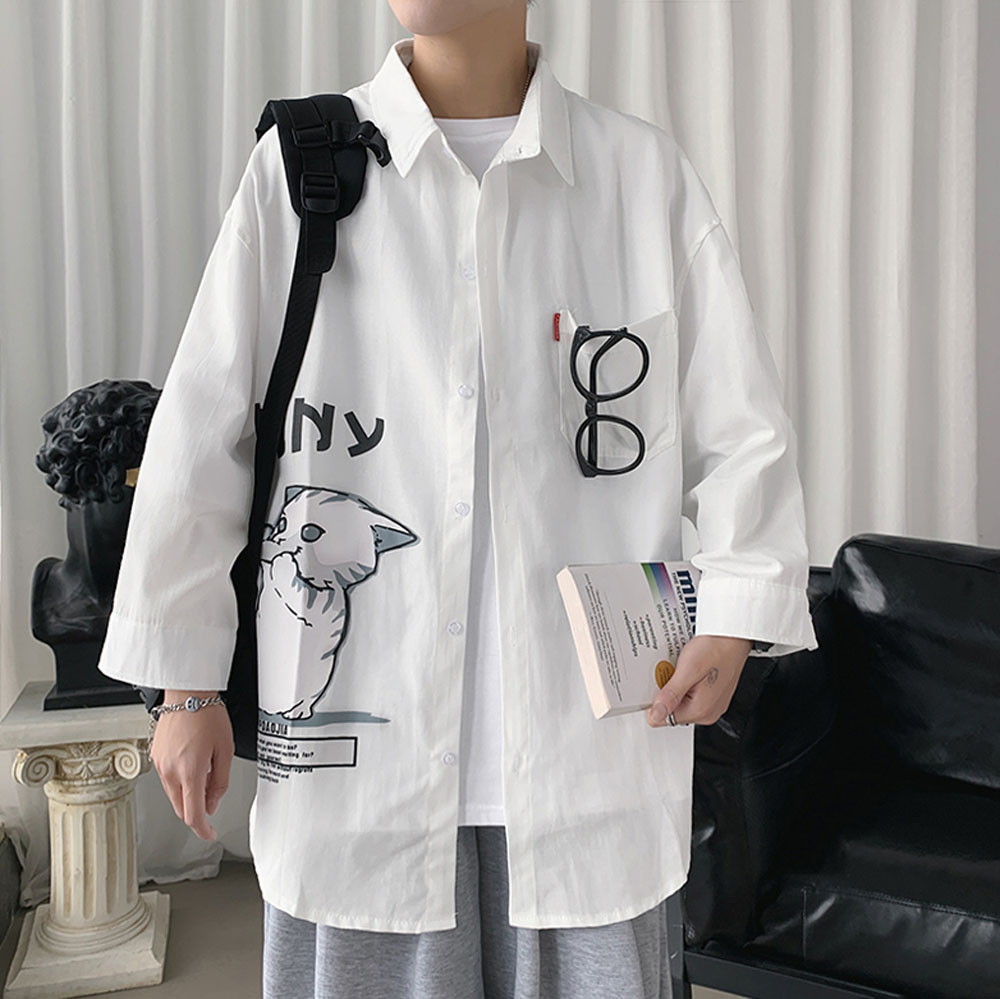 Áo Sơ Mi Nam Dài Tay Cổ Bẻ In Họa Tiết Mèo Nổi Bật Dáng Basic Hàn Quốc Thời Trang FASHION4MEN SOMI NAM 9000046