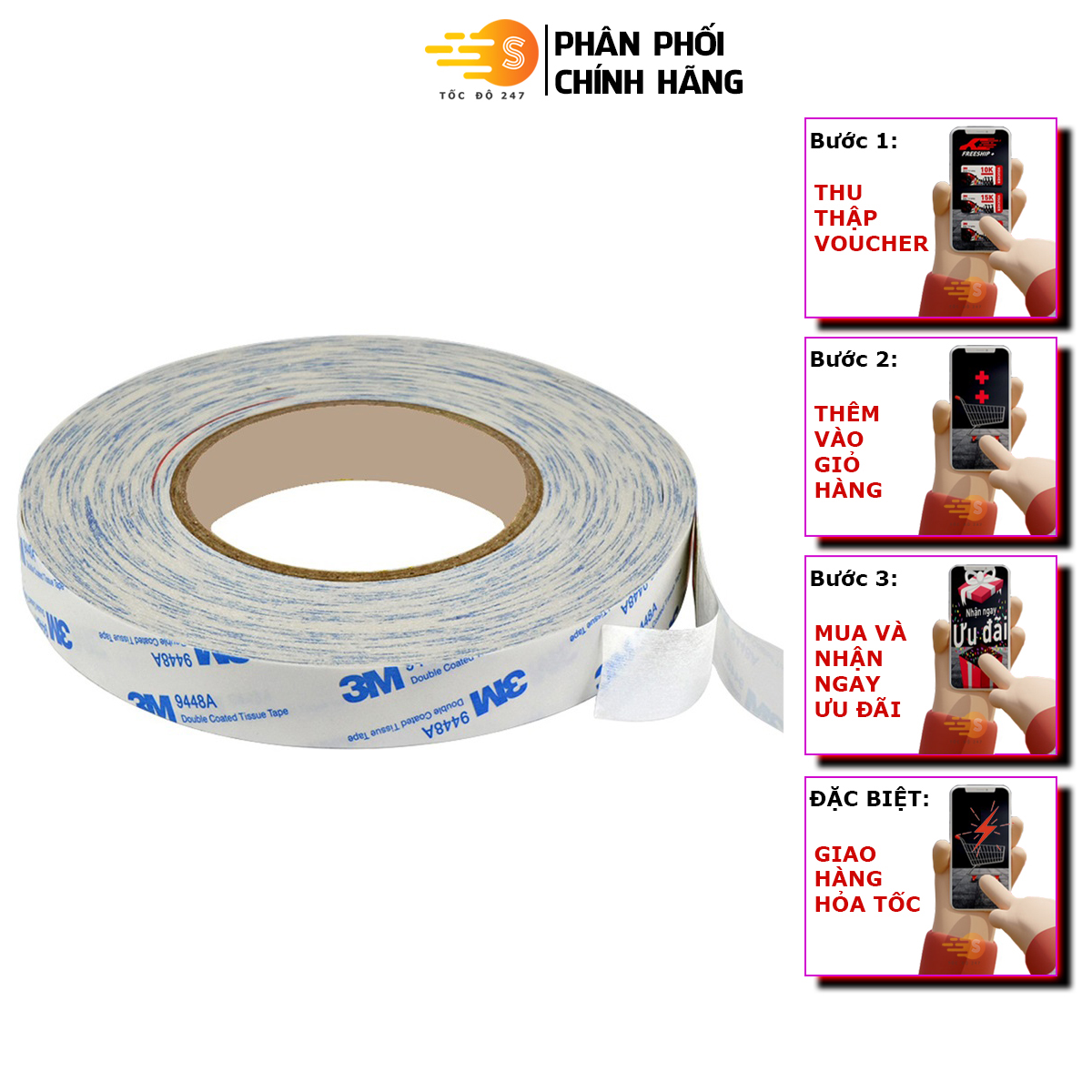 Băng keo 2 mặt chịu nhiệt dán linh kiện điện tử 3M khổ 08mm x 50m 9448A-08