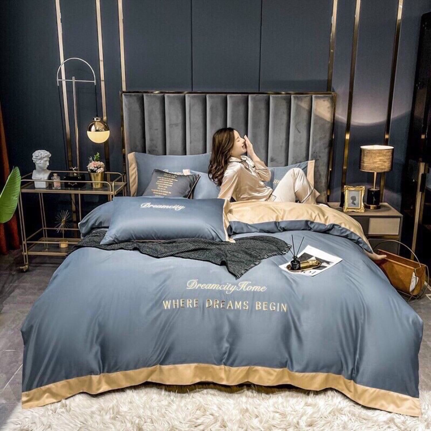 Chăn ga gối Duo Decor phi lụa set 4 món Dream City phối 2 màu ( có tặng vỏ ôm )