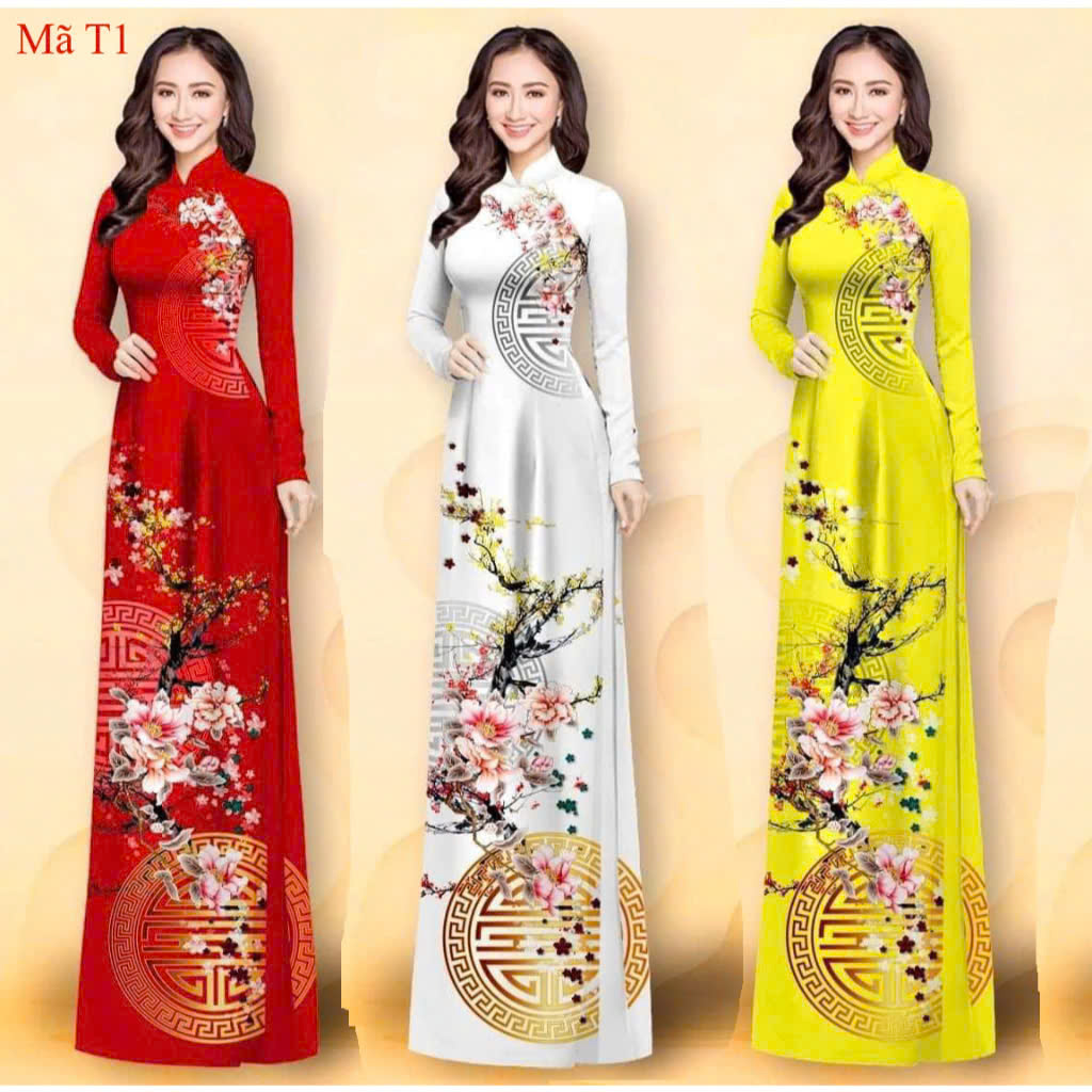Áo Dài hoa đào 5D S3 Truyền Thống Chất Liệu Lụa hàn nhật , áo dài hoa đào , áo dài thọ đỏ , áo dài thọ vàng, áo dài thọ tím , áo dài tím huế , áo dài việt nam ,áo dài cường nhâm Có Độ Co Giãn Tốt, In 5D , Cổ 2,5P