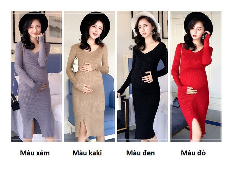 Đầm Bầu Thu Đông - Váy Len Ôm Cổ Tim (Đen)