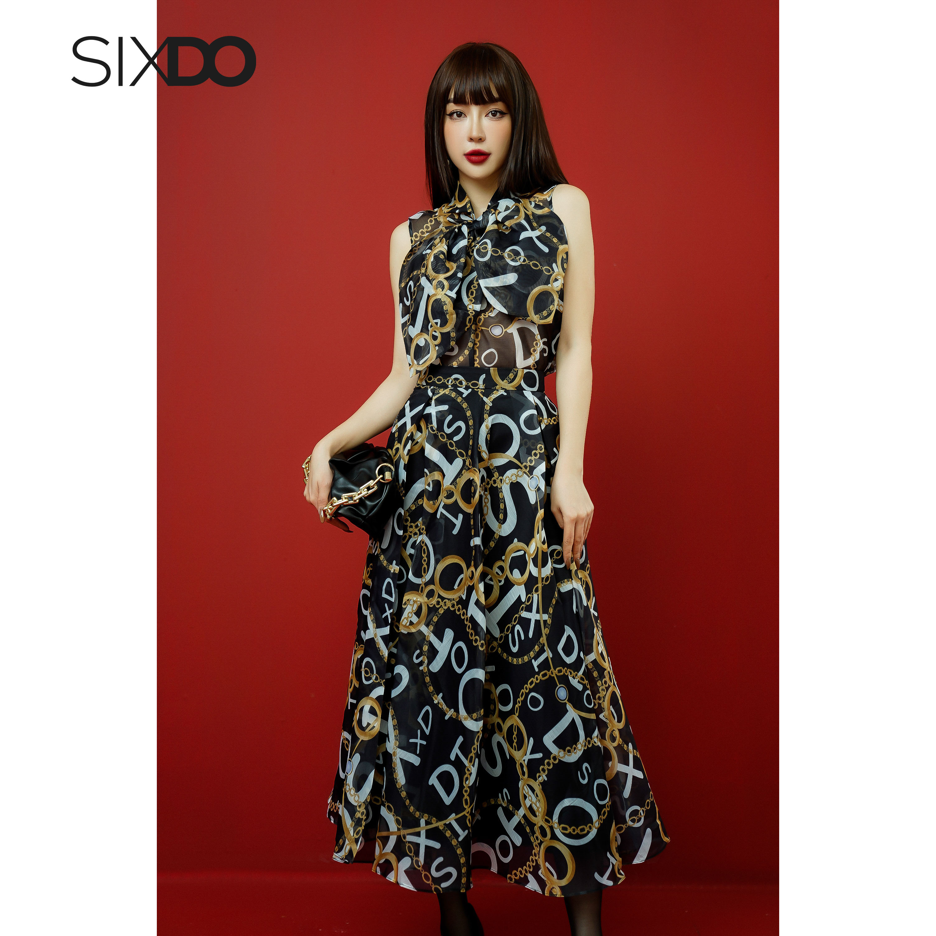 Áo sơ mi tơ phối nơ cổ SIXDO (Black Baroque Print Bowtie Top)
