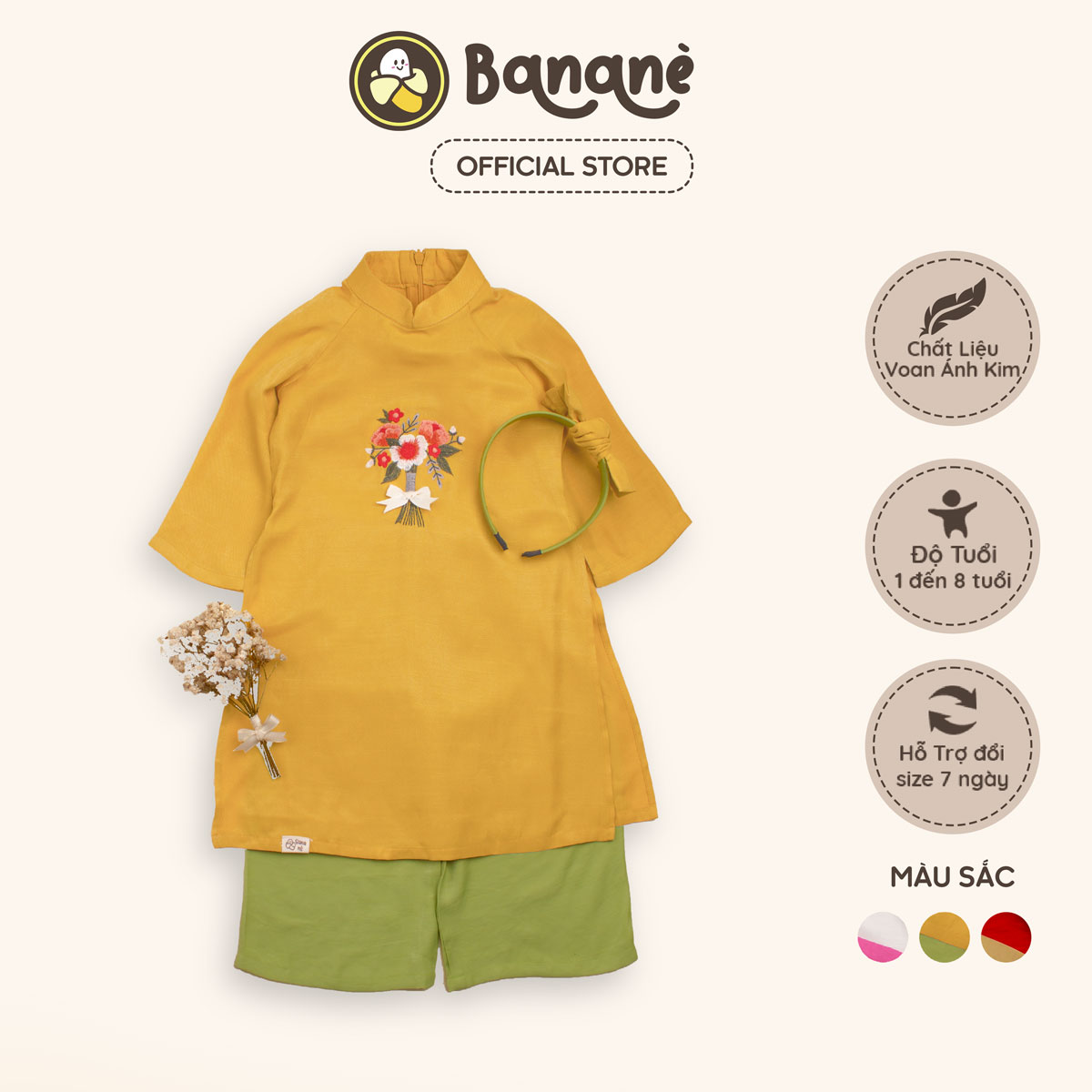 Áo dài cách tân bé gái thêu hoa BST Xuân Nhi Bananè Kids kèm bờm nơ cài tóc xinh xắn - AD01V