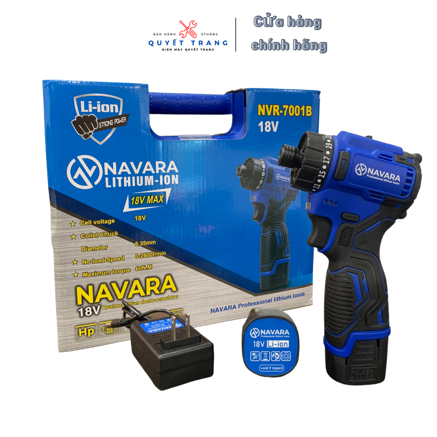 Máy khoan pin cầm tay chuyên vít 18V Navara NVR-7001B Không chổi than kèm chuyên khoan gỗ vặn ốc