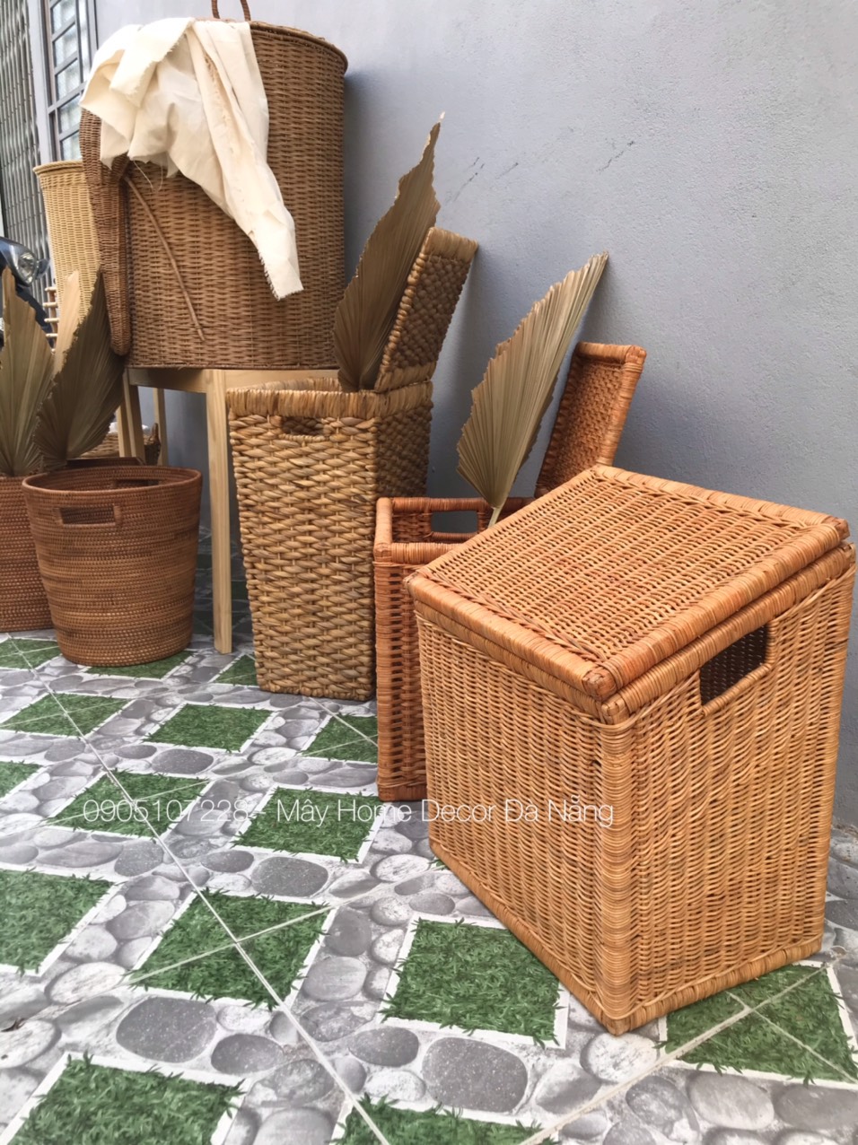 Sọt mây đựng đồ đa năng có nắp 40*28* H41 cm ( nắp thẳng)/ 40*30*H50/40cm ( nắp chéo) Phong Cách Vintage Boho/ Đựng đồ chơi/ Giặt là/ Chất Liệu Mây Cói Tre