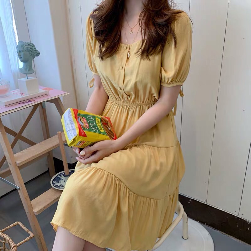 Đầm voan xòe bo eo phối nút đơn giản TTSA0144