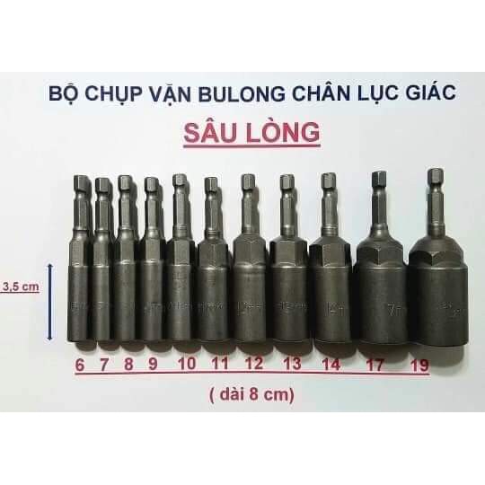 Bộ Chụp BuLong Lục Giác Sâu Lòng ( độ dài 80mm) Kích Cỡ Từ 6mm đến 19mm Tặng Kèm 1 Chân Cài SDS Dùng Cho khoan Bê Tông