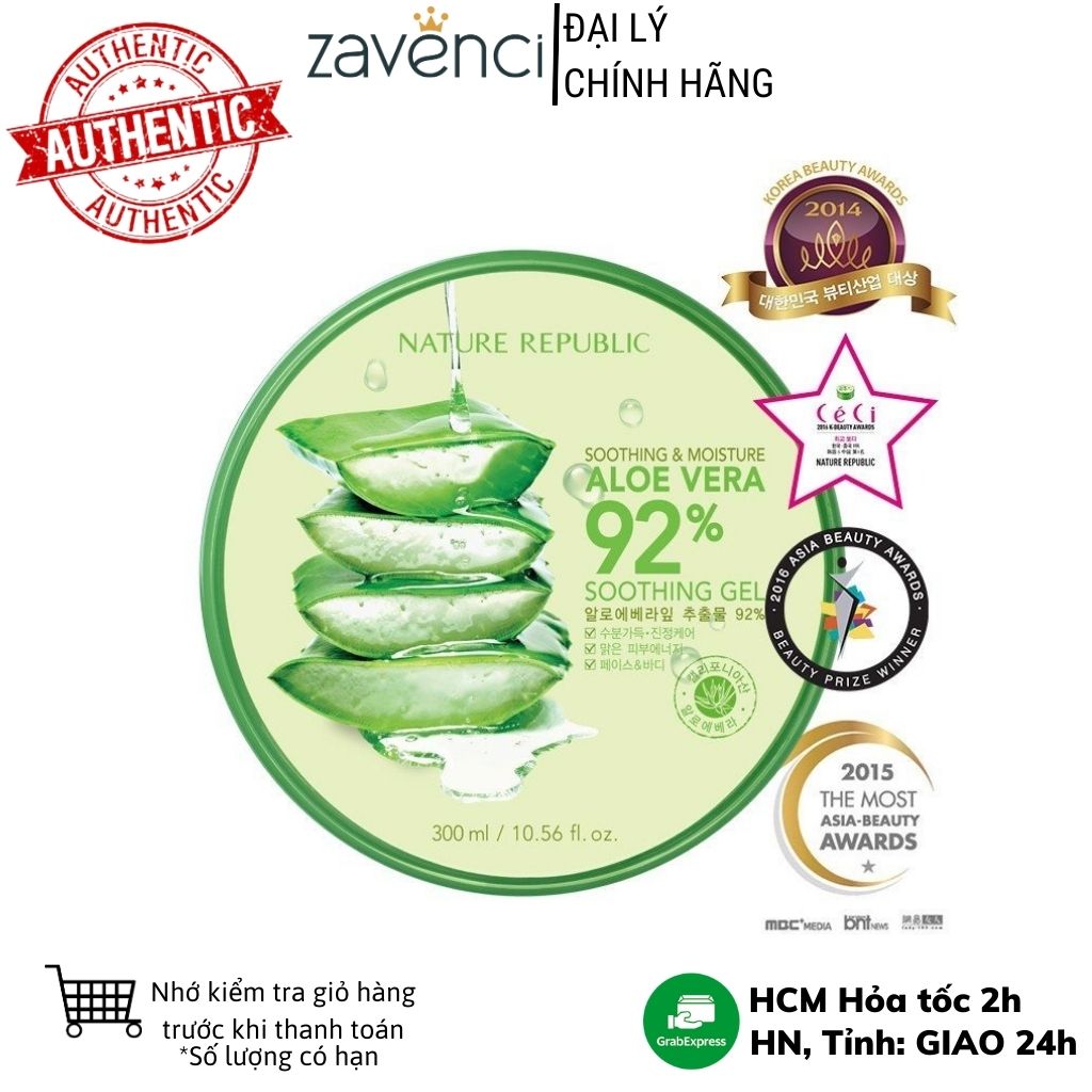 Gel Dưỡng Ẩm Nha Đam Nature Republic Chiết Xuất Lô Hội Soothing & Moisture Aloe Vera 92% Soothing Gel 300ml Zavenci