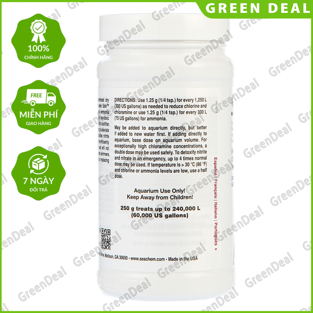 [Tem Sicavi] SEACHEM - Safe (Hộp 250 gram) | Khử Clo, giải độc NH3, NO2, NO3 trong hồ thủy sinh