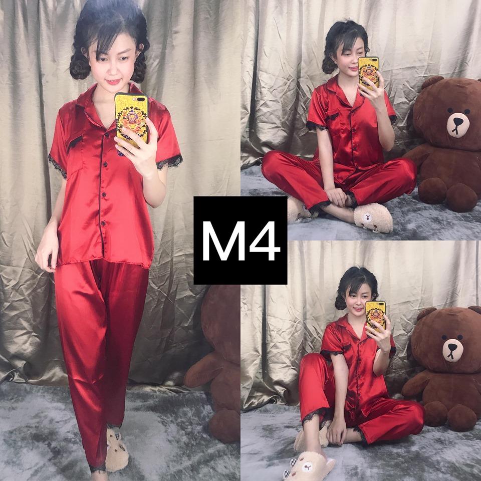 [HCM]Set Đồ Bộ Nữ Pijama Tay Ngắn Quần Dài Phi Lụa Phối Ren Đen Siêu Sang