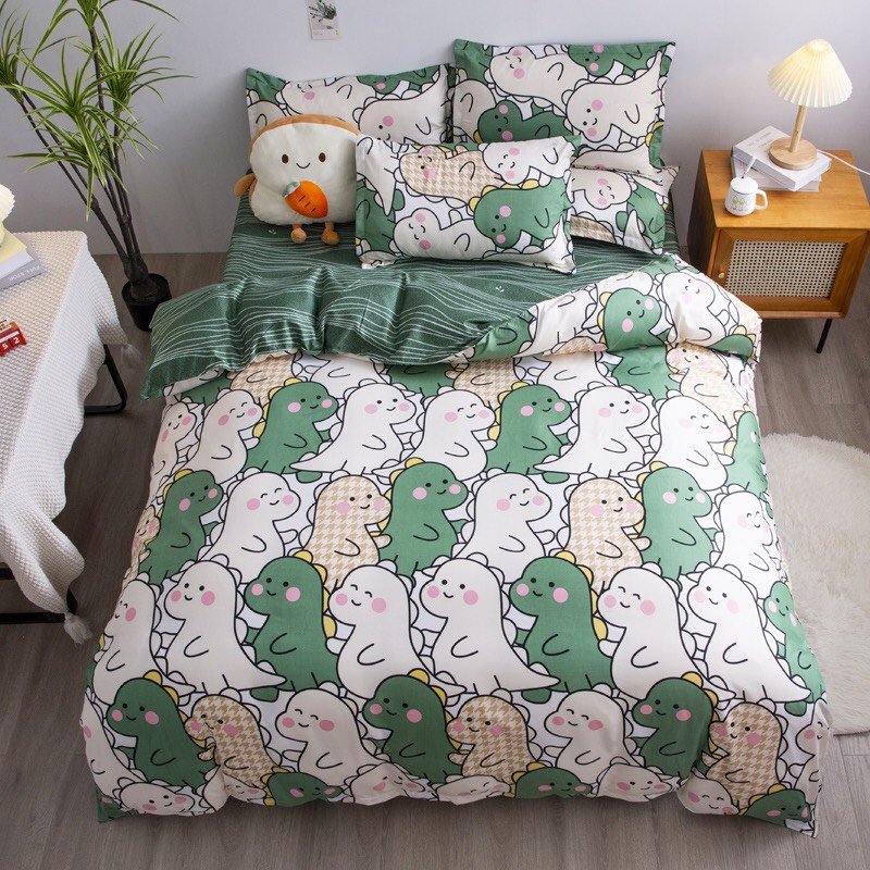 Bộ Chăn Ga Gối Poly Nhập 4 món[1m6x2m và 1m8x2m], mẫu khủng long cute