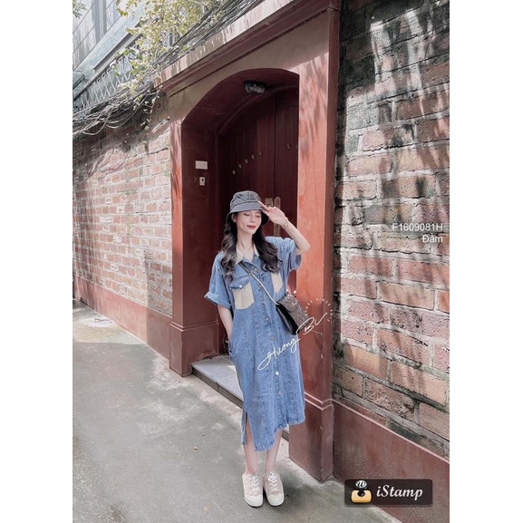 Đầm jeans xanh túi hộp phối màu