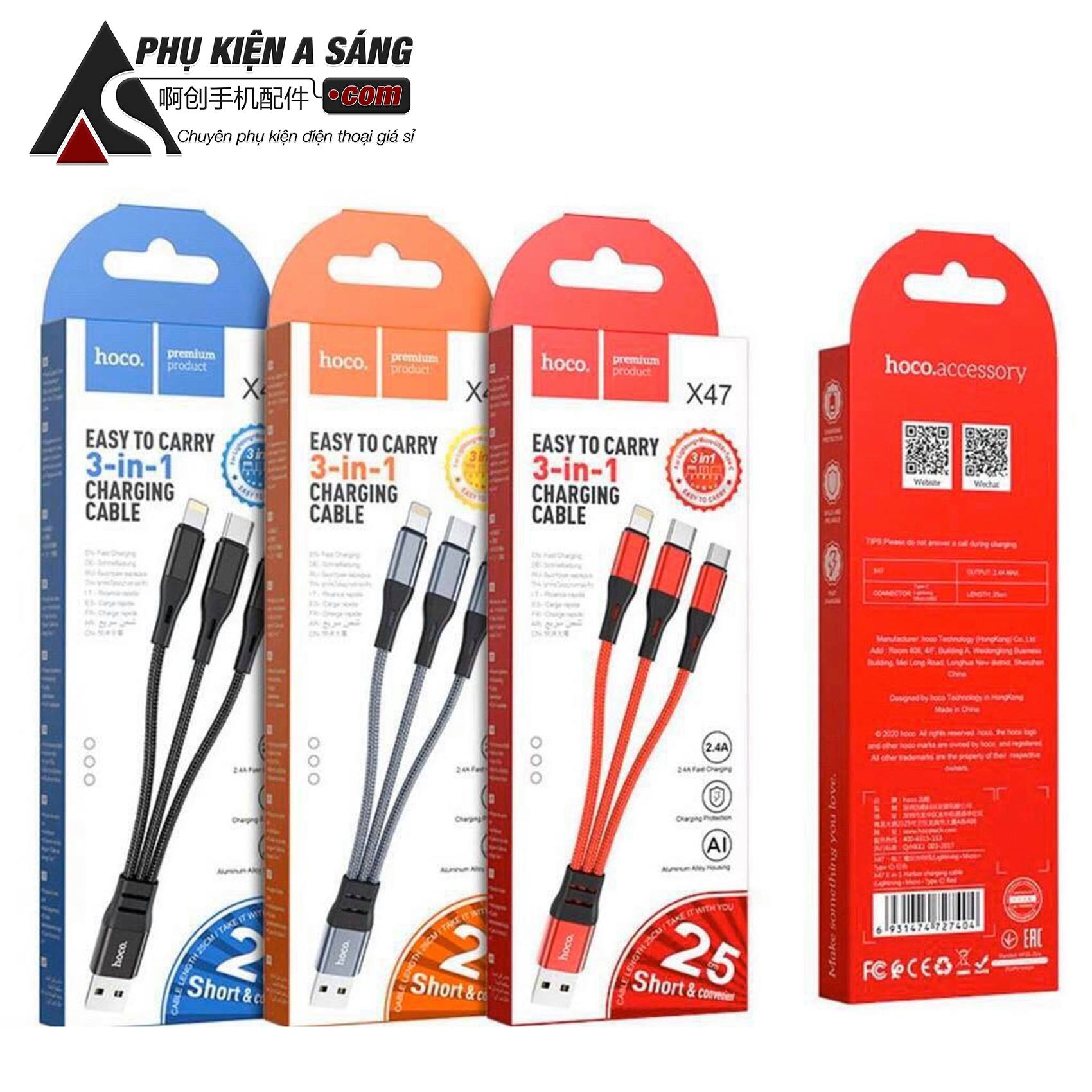 Cáp Sạc Hoco X47 3 Đầu IPhone - Micro Usb - Type C Dây Dù Chống Đứt