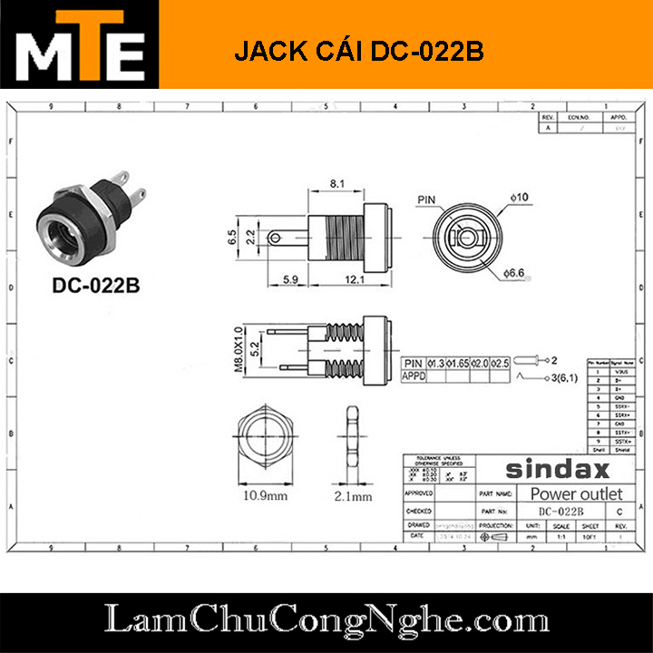 Combo 5 Jack nguồn DC CÁI tròn DC-022B