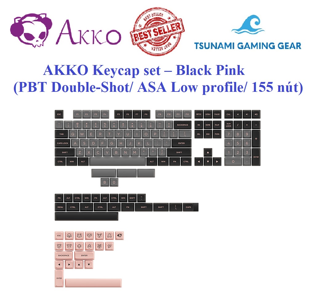 Bộ keycap AKKO Black Pink (PBT Double-Shot/ ASA Low profile/ 155 nút)