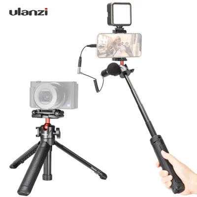 Ulanzi MT-41 Mini Desktop Tripod 4 Sections Extendable Handle Grip with Phone Clip Cold Shoe Mount Rotatable Ball Head 1/4 Inch Screw for Video Light Microphone Smartphone Camera Live Stream Selfie Video Shooting