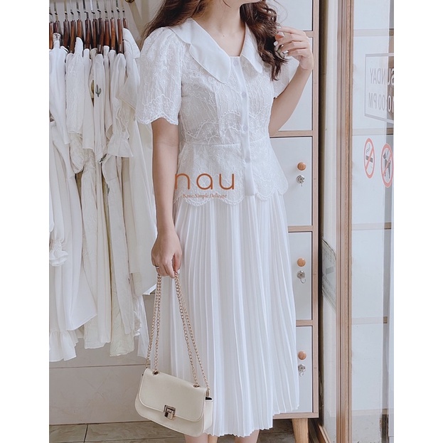 Set trắng áo ren chân váy dập li midi