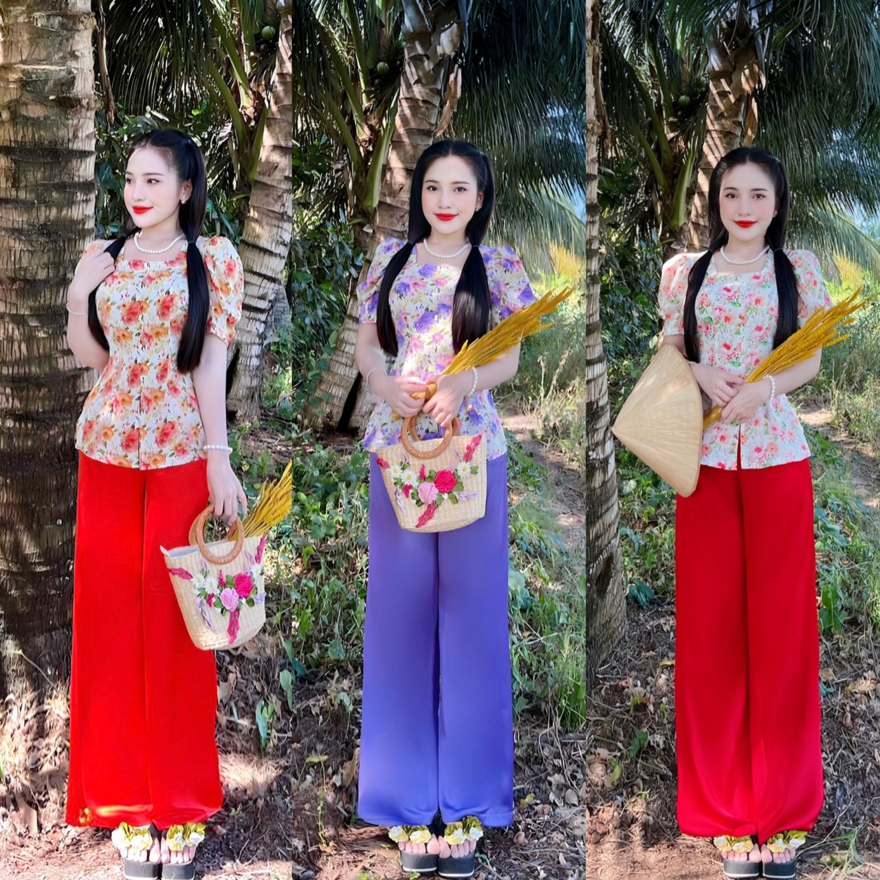 SÉT BỘ BÀ BA CỔ VUÔNG HOA NÚT NGỌC SIÊU XINH