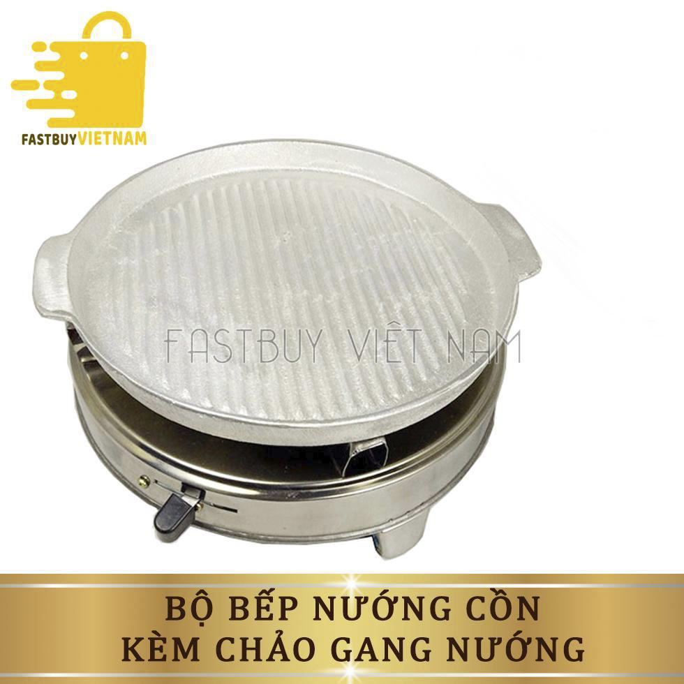 Bếp cồn và chảo gang nướng thịt thiết kế chân đứng chắc chắn, có khóa gạt lửa to nhỏ an toàn.